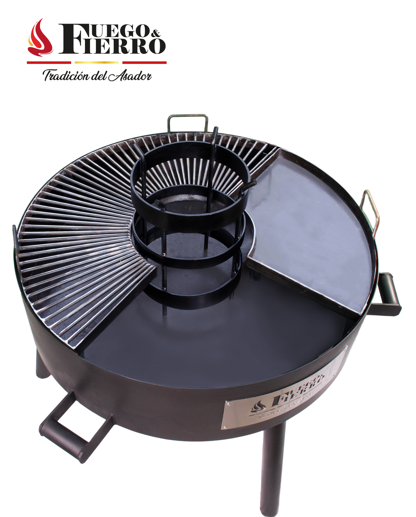 CARACTERÍSTICAS: -Fabricado en acero negro de 3.2mm -Incluye parrilla media luna en acero redondo, plancha asadera, leñero central (Carbón y leña). -Patas en tubo redondo -De fácil movimiento -Práctica