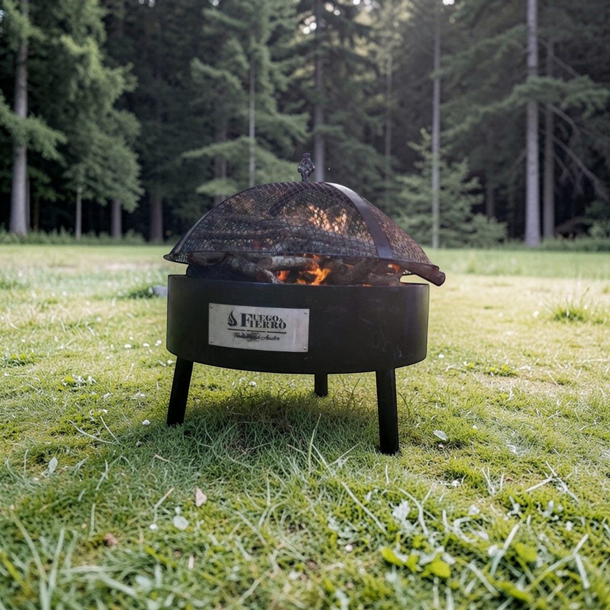 Fuego & Fierro Kansas black metal fire pit with mesh spark screen and burning logs, set on a grassy lawn.