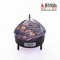 Fuego & Fierro Kansas black metal fire pit with mesh spark screen and decorative lid topper. Features a metal plate with brand logo.