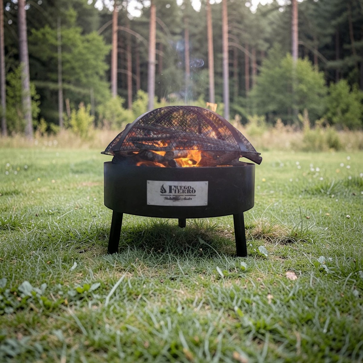 Fuego & Fierro KANSAS black metal fire pit with dome spark screen and burning logs on legs, set in a grassy outdoor area.